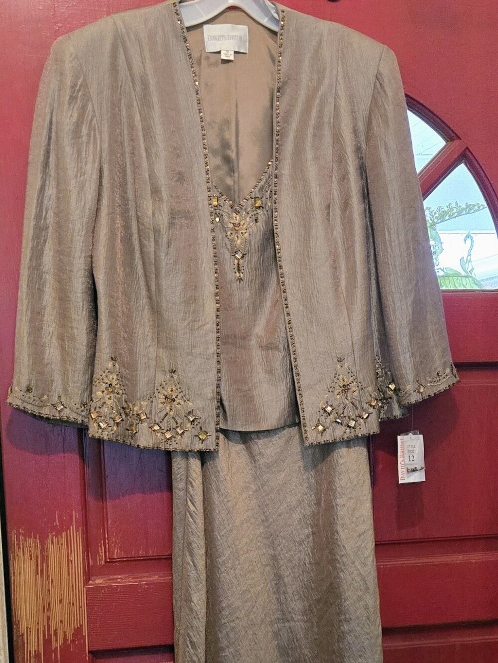 NWT David's Bridal Mocha Gold Beaded Long Dress and Jacket S